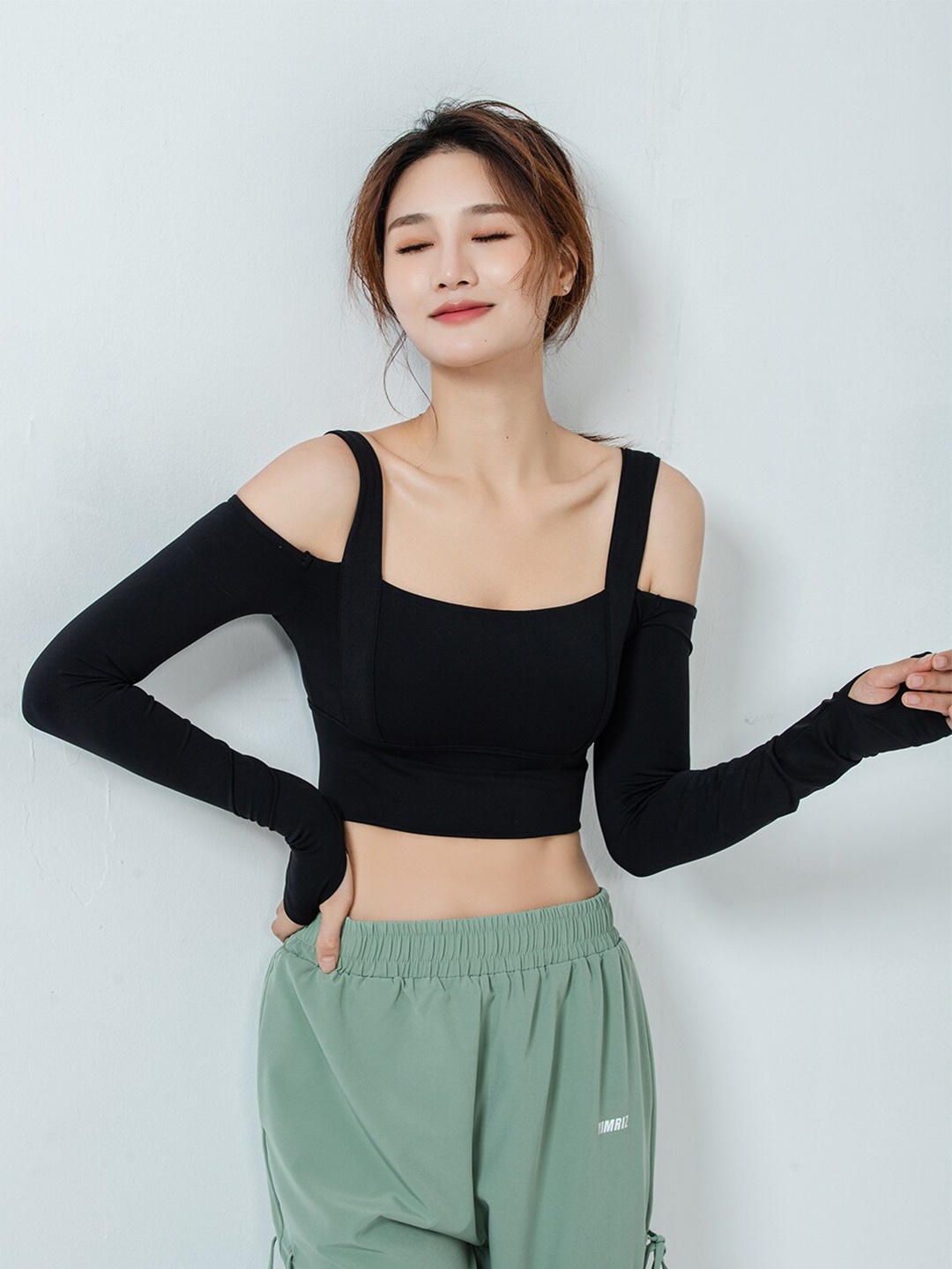 

JC Collection Shoulder Straps Long Sleeves Bardot Crop Top, Black