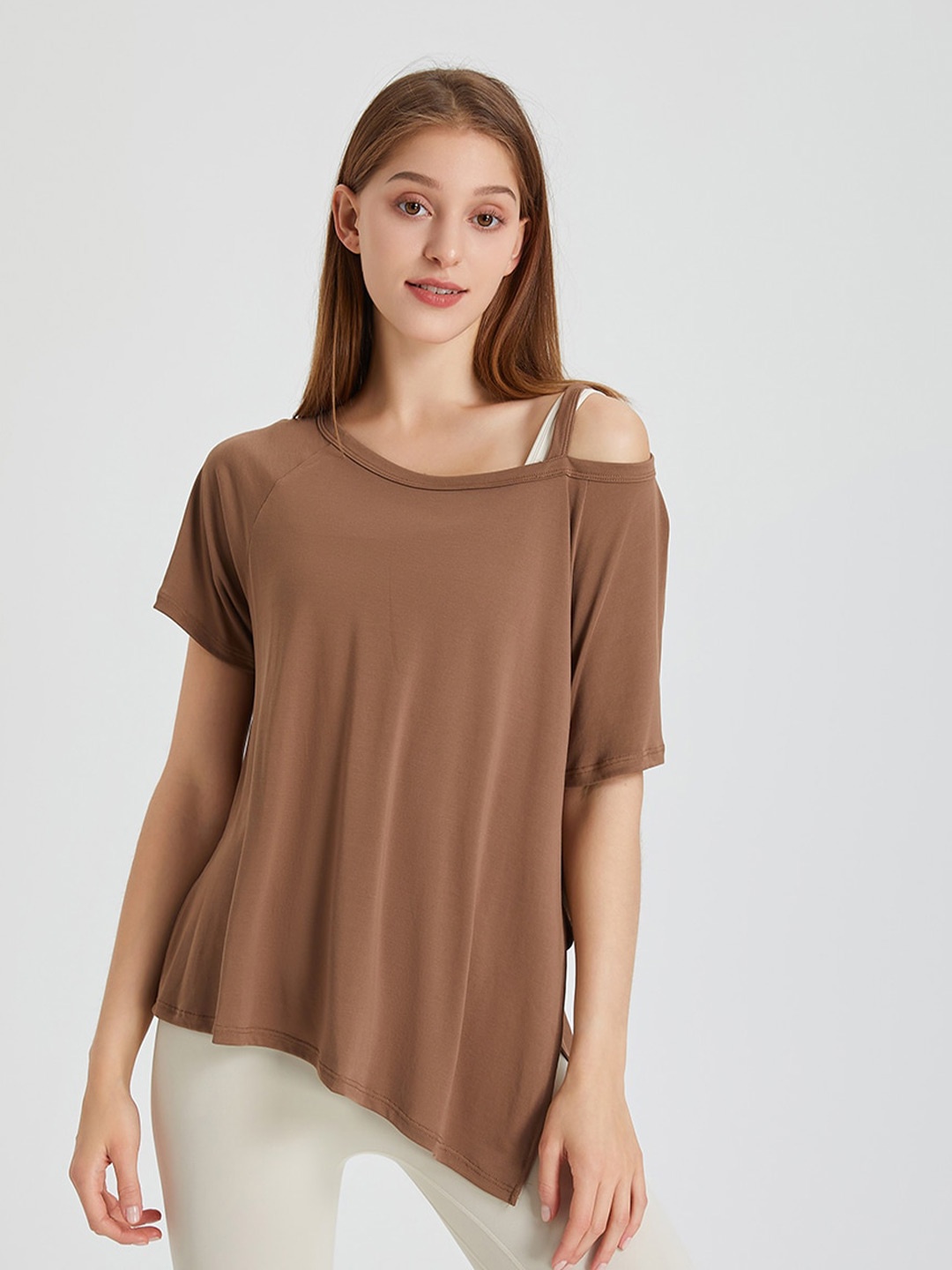 

JC Collection One Shoulder Raglan Sleeves Sports Top, Brown