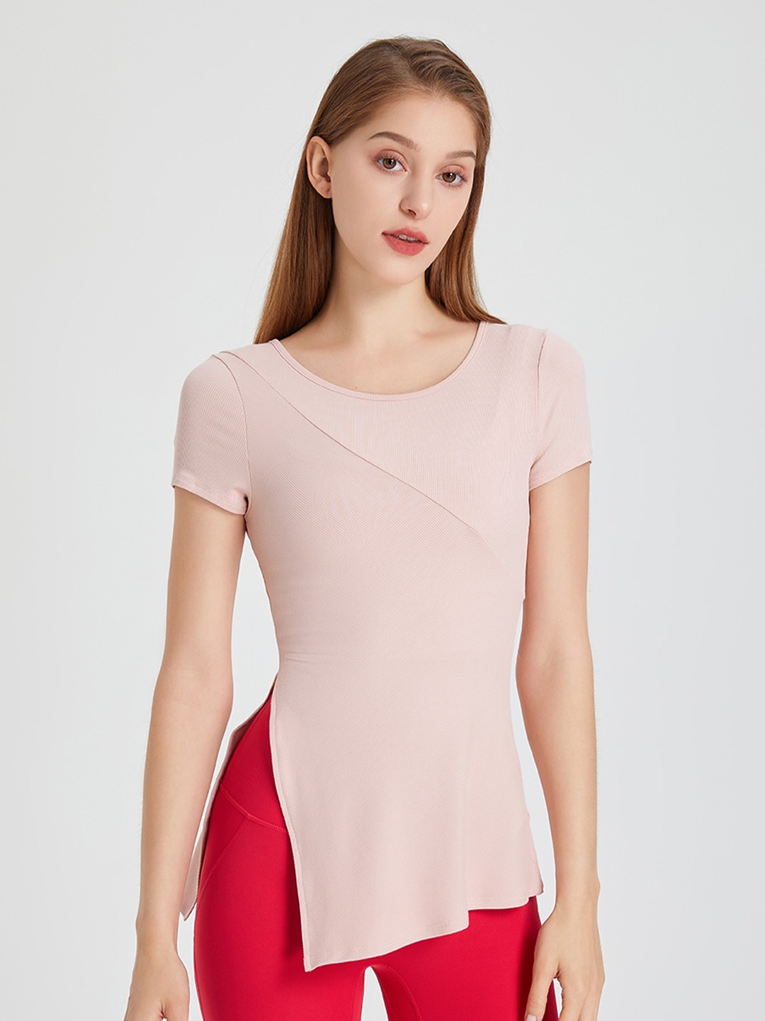 

JC Collection Round Neck Side Slit Fitted Top, Pink