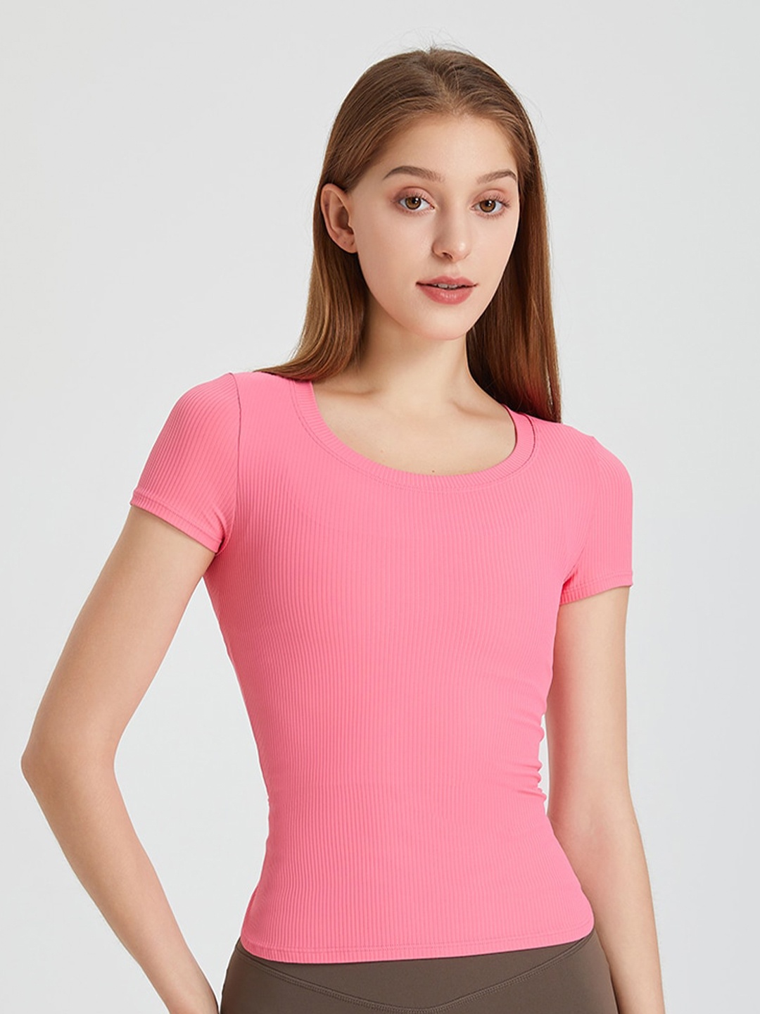 

JC Collection Ribbed Back Tie-Up Fitted Top, Pink