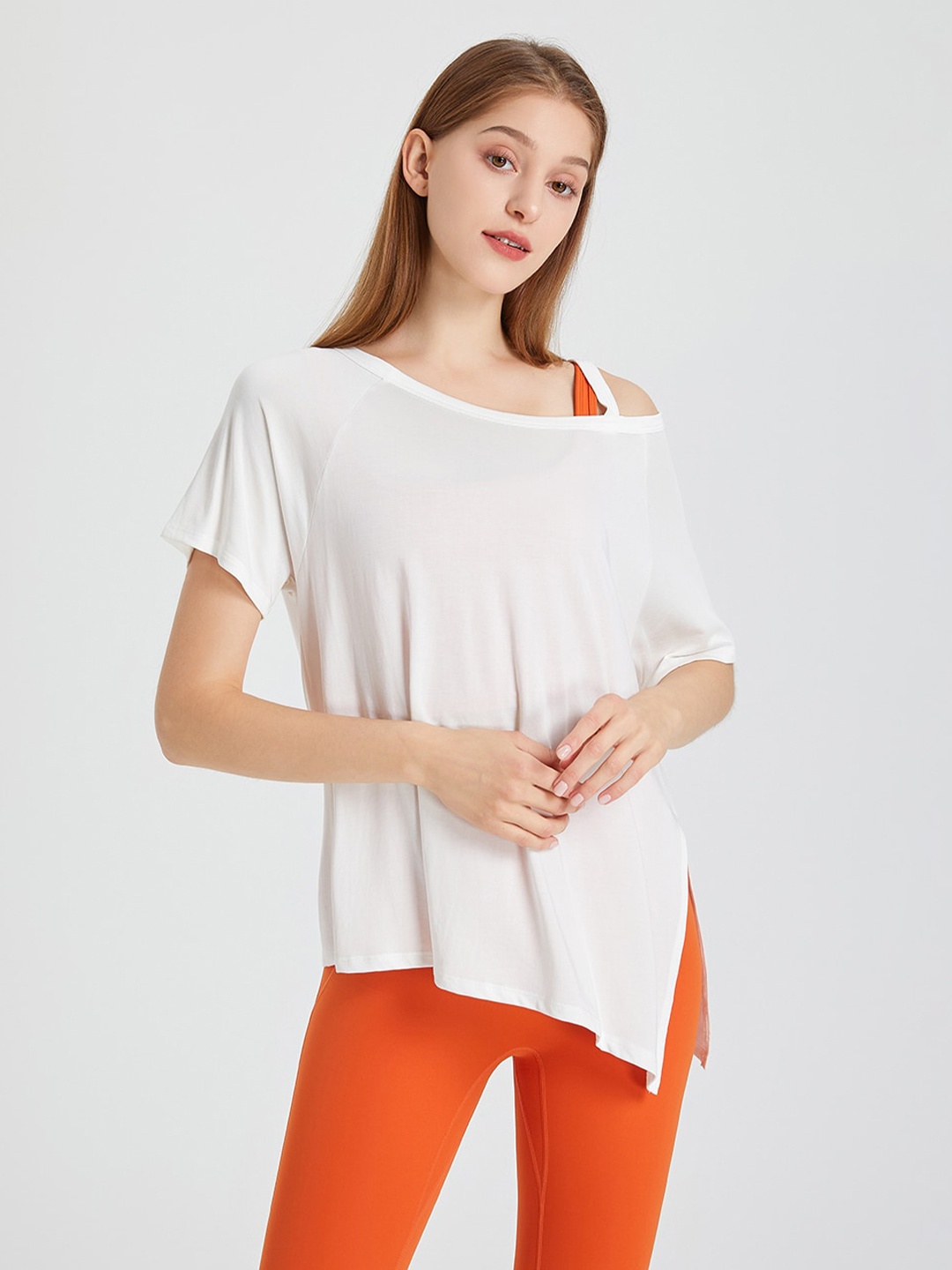 

JC Collection Asymmetric Hem Shoulder Strapped Knitted Top, White
