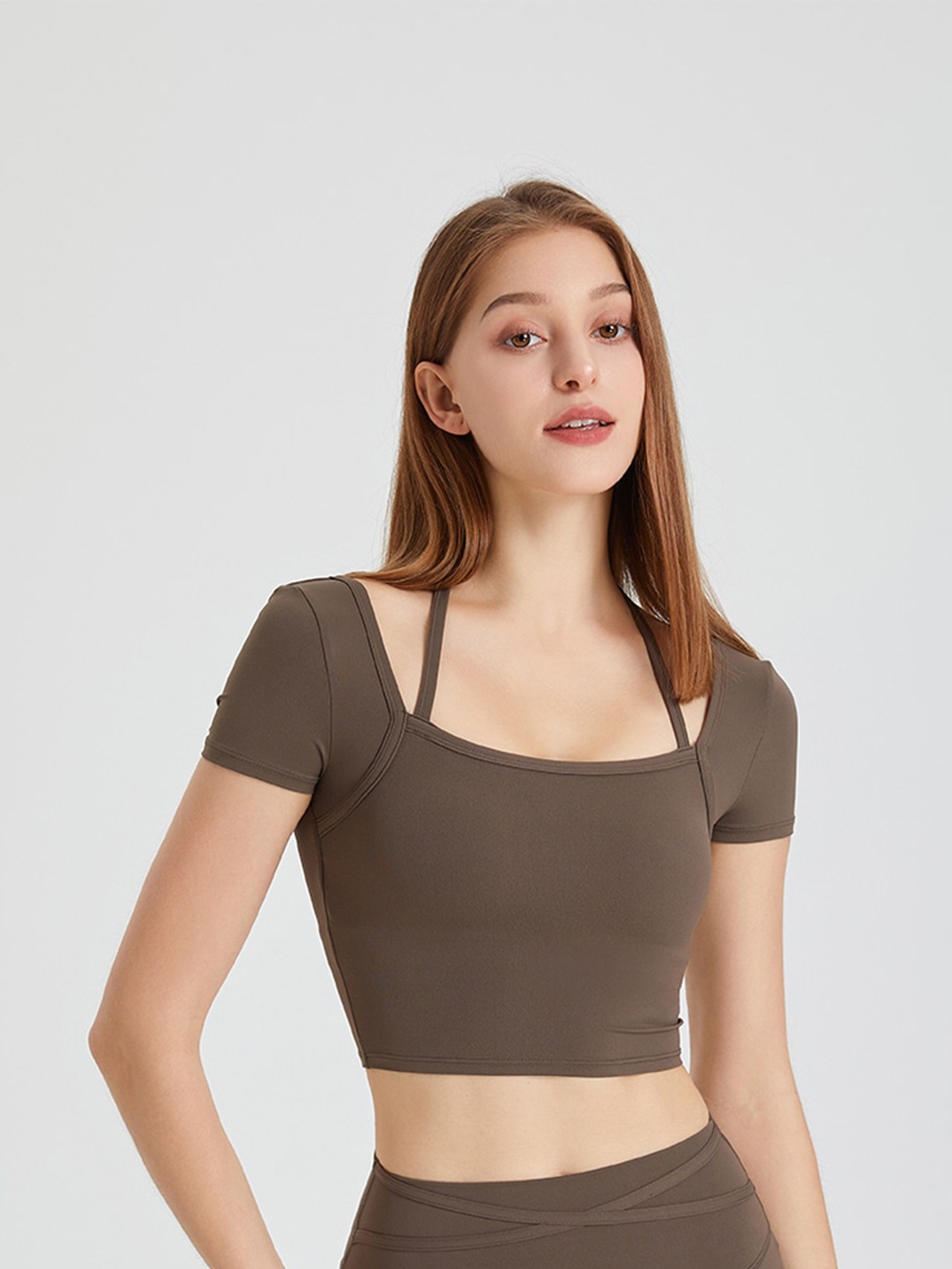 

JC Collection Square Neck With Straps Fitted Crop Top, Grey