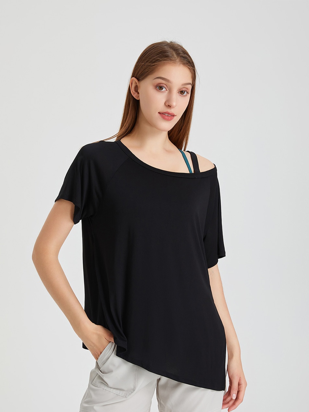 

JC Collection One Shoulder Short Sleeves Casual Top, Black
