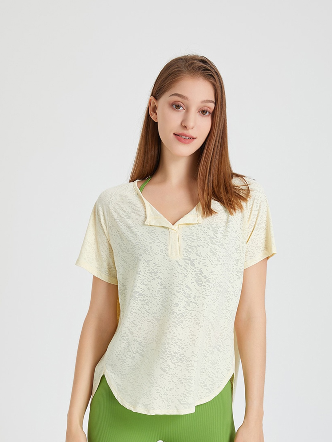 

JC Collection Self Design V-Neck Raglan Sleeves Casual Top, Yellow