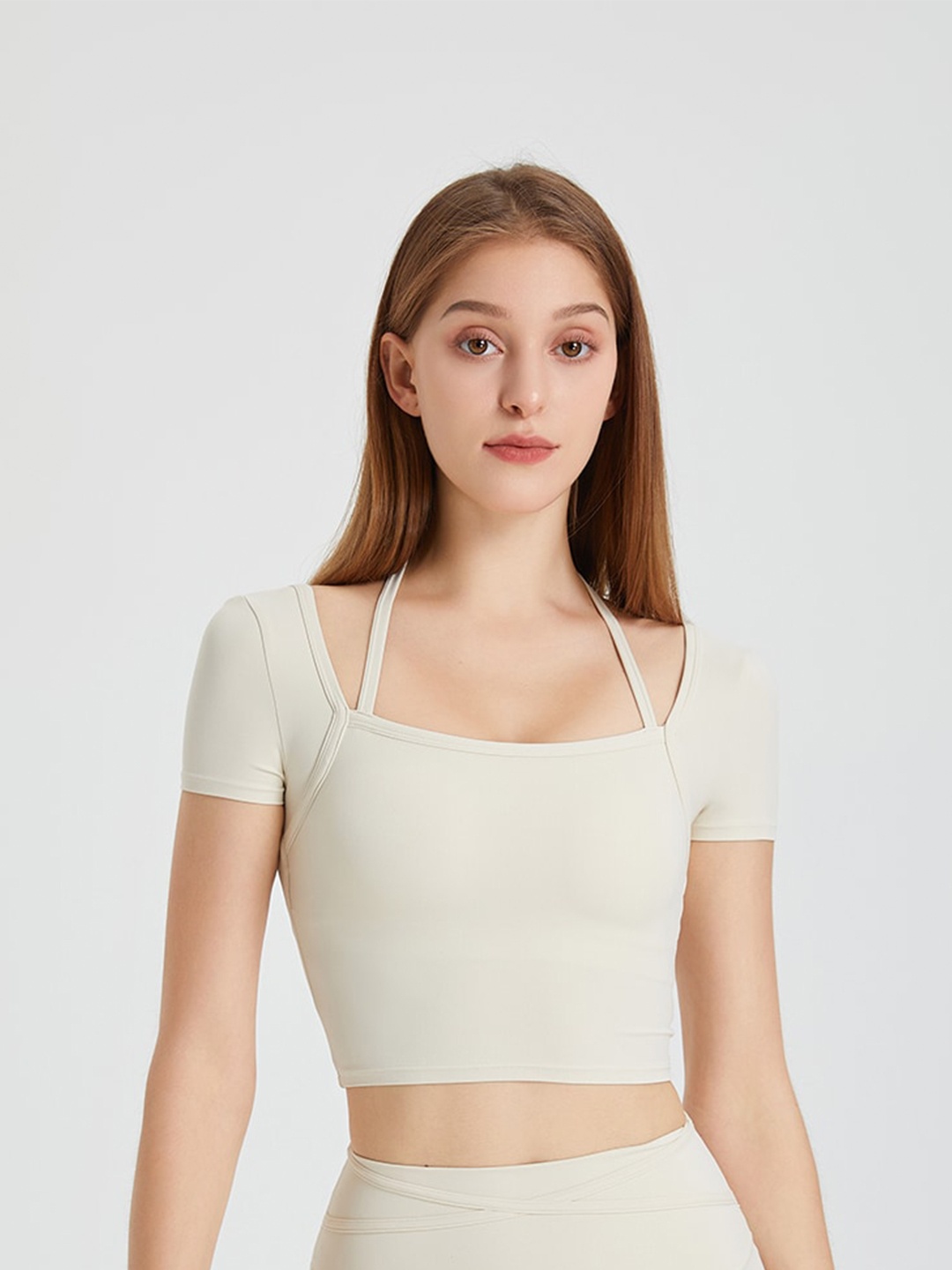 

JC Collection Square Neck Fitted Crop Top, Beige