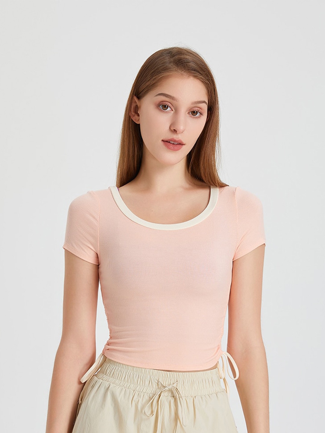 

JC Collection Round Neck Tie Ups Cotton Top, Peach