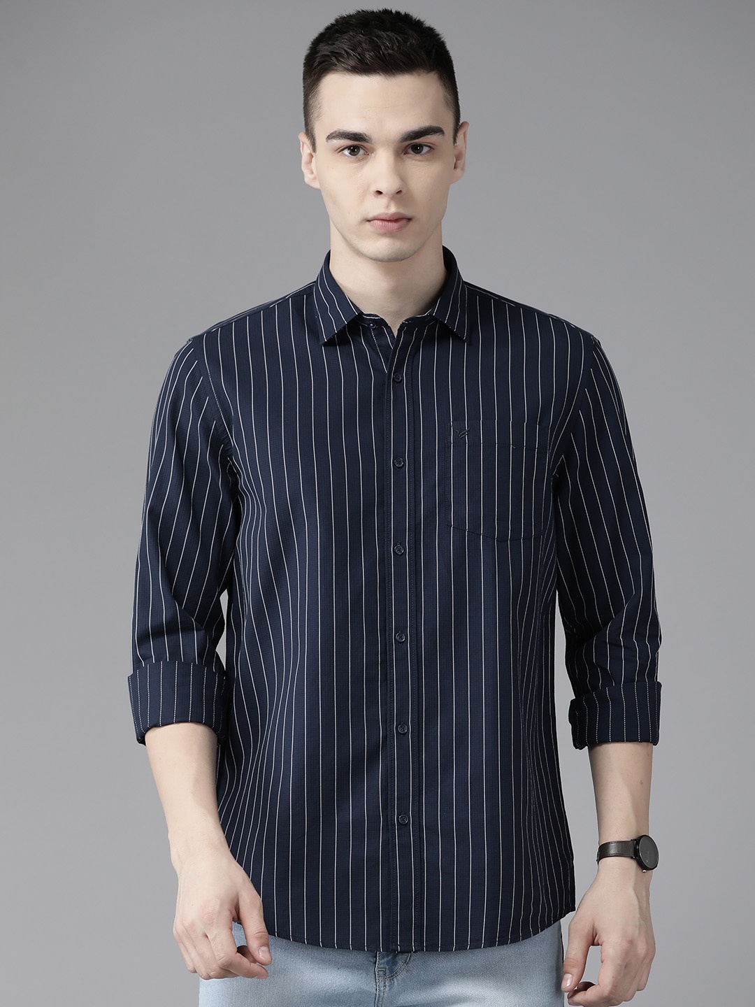 

Blackberrys Men Pure Cotton Slim Fit Striped Casual Shirt, Navy blue