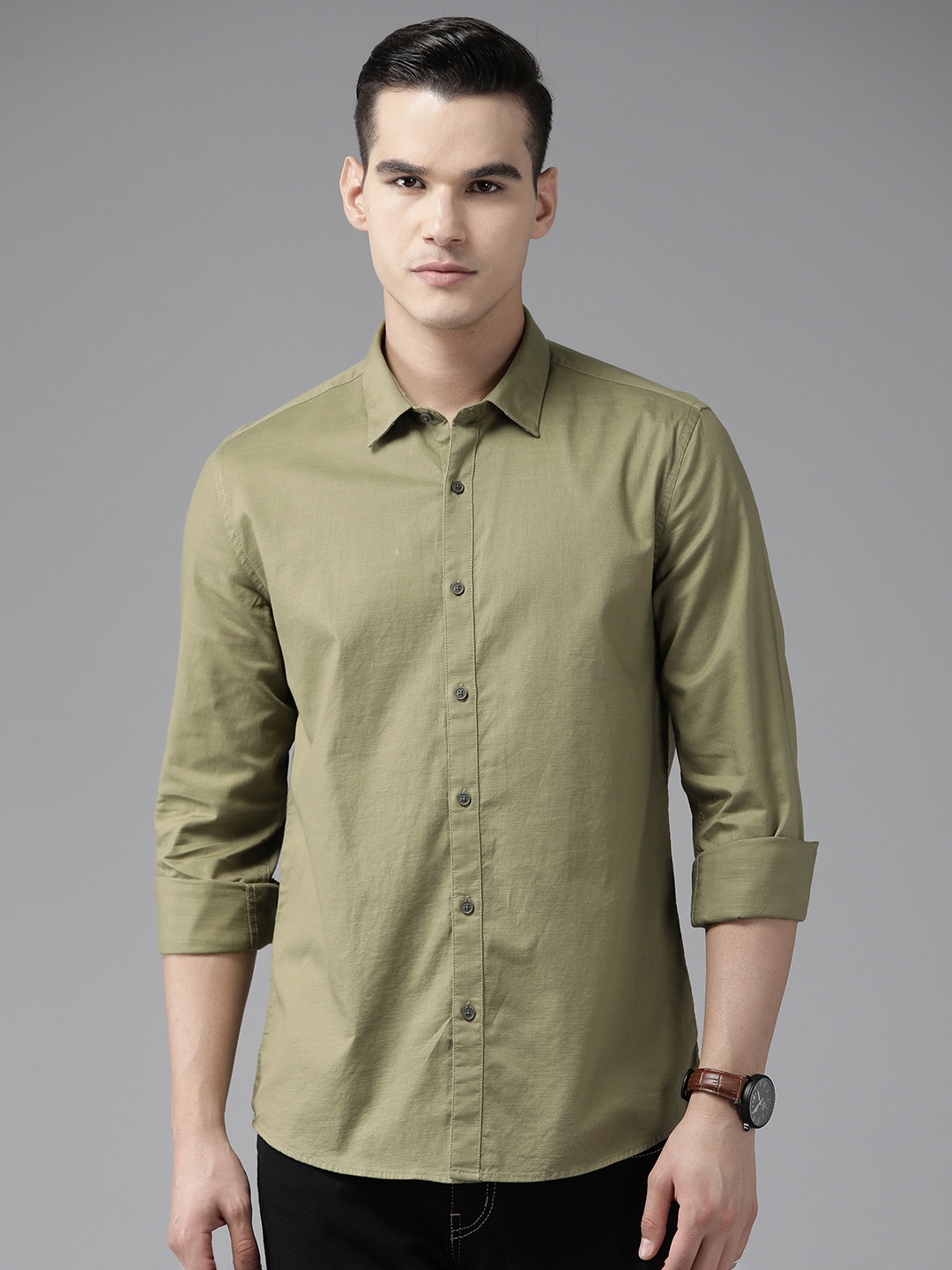 

Blackberrys Men Pure Cotton Slim Fit Casual Shirt, Olive