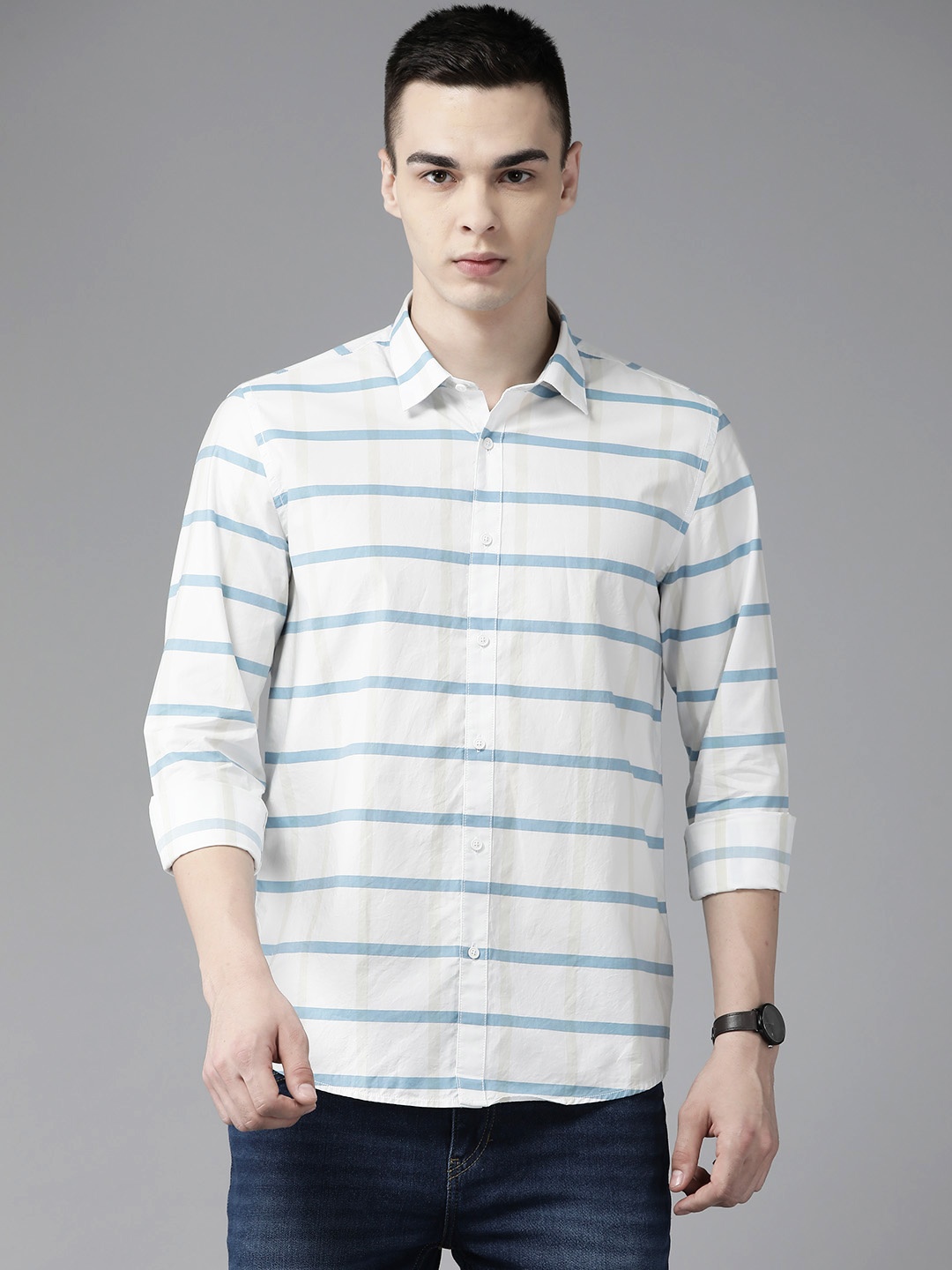 

Blackberrys Pure Cotton India Slim Fit Striped Casual Shirt, White