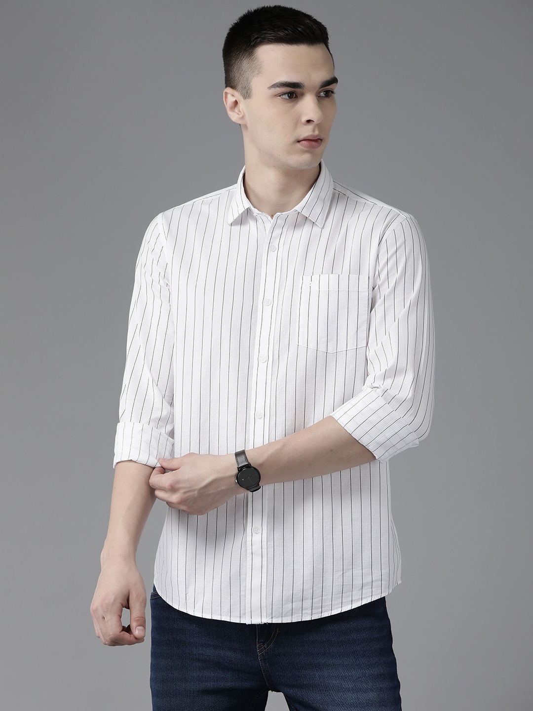 

Blackberrys Pure Cotton India Slim Fit Striped Casual Shirt, White