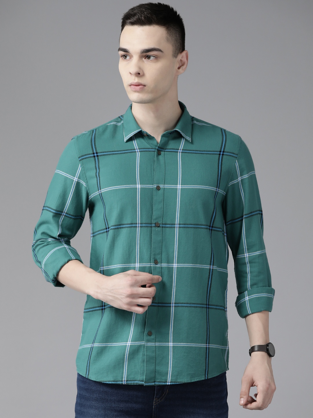 

Blackberrys Pure Cotton India Slim Fit Checked Casual Shirt, Green