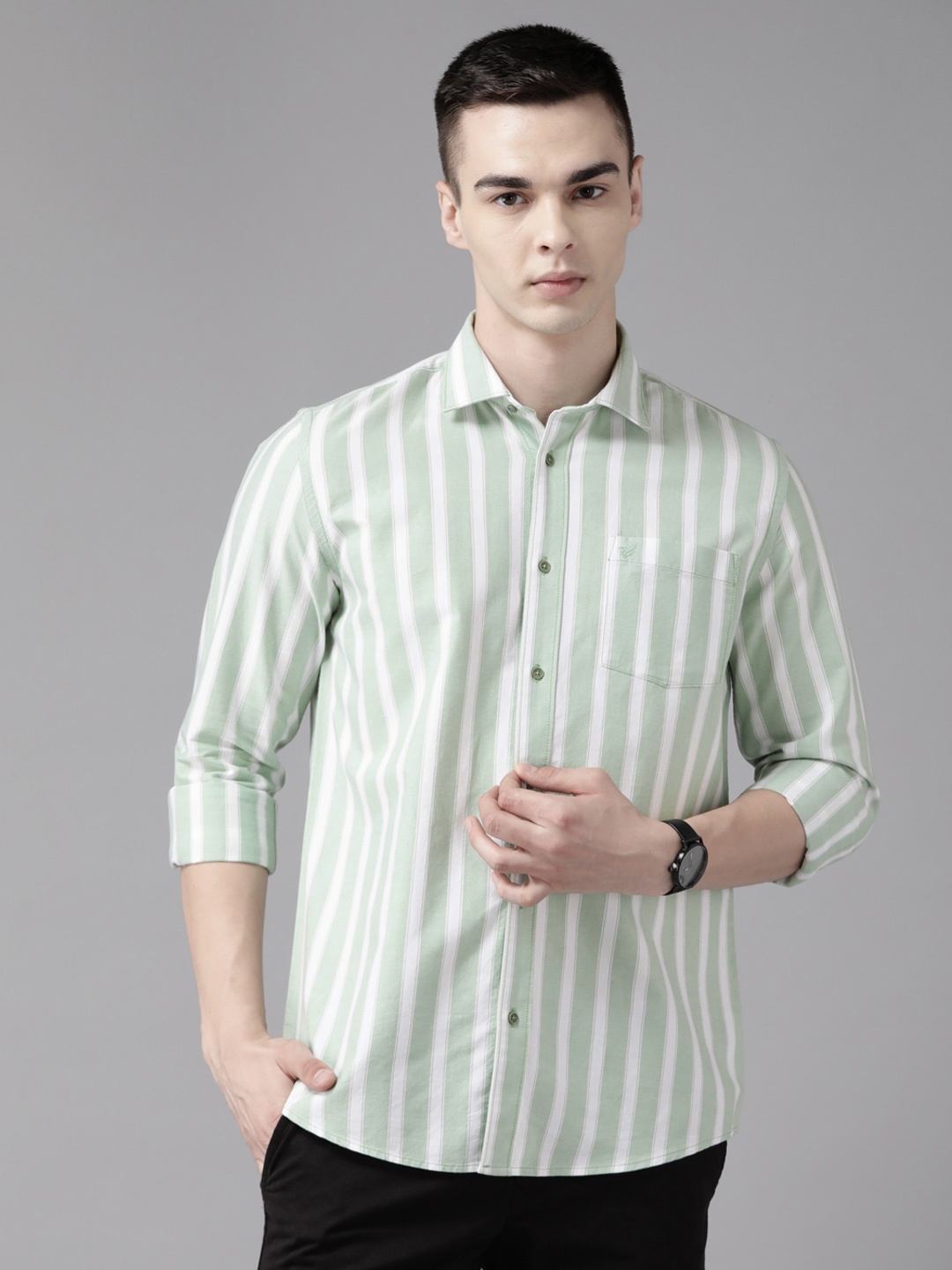 

Blackberrys Cotton India Slim Fit Striped Casual Shirt, Green