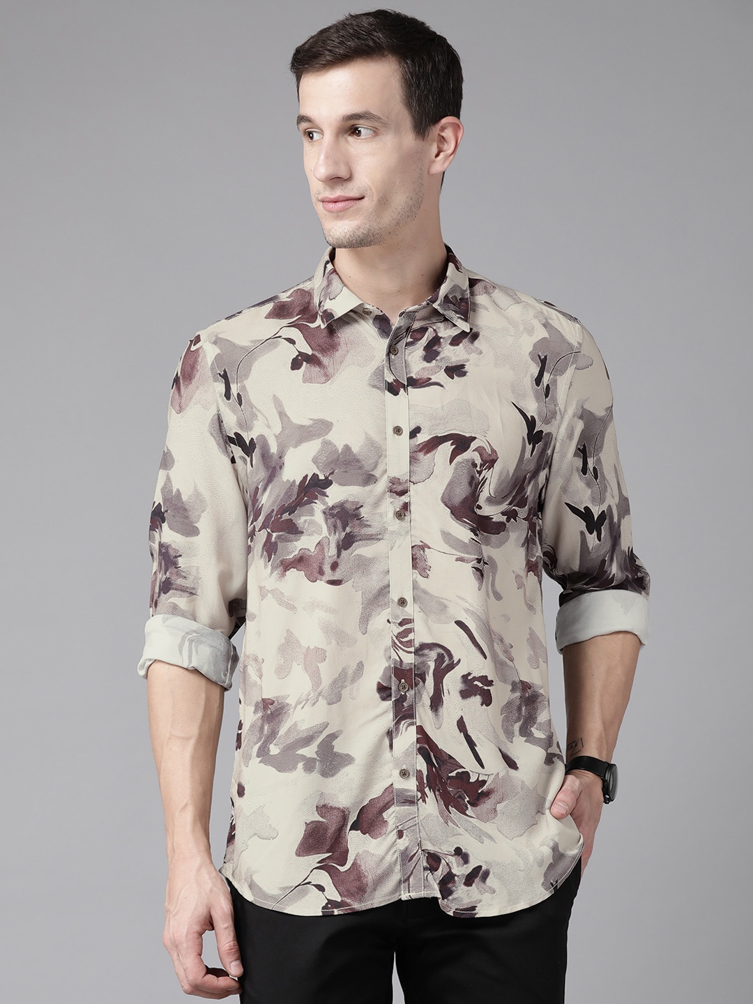 

Blackberrys Cotton Slim Fit Opaque Printed Casual Shirt, Beige