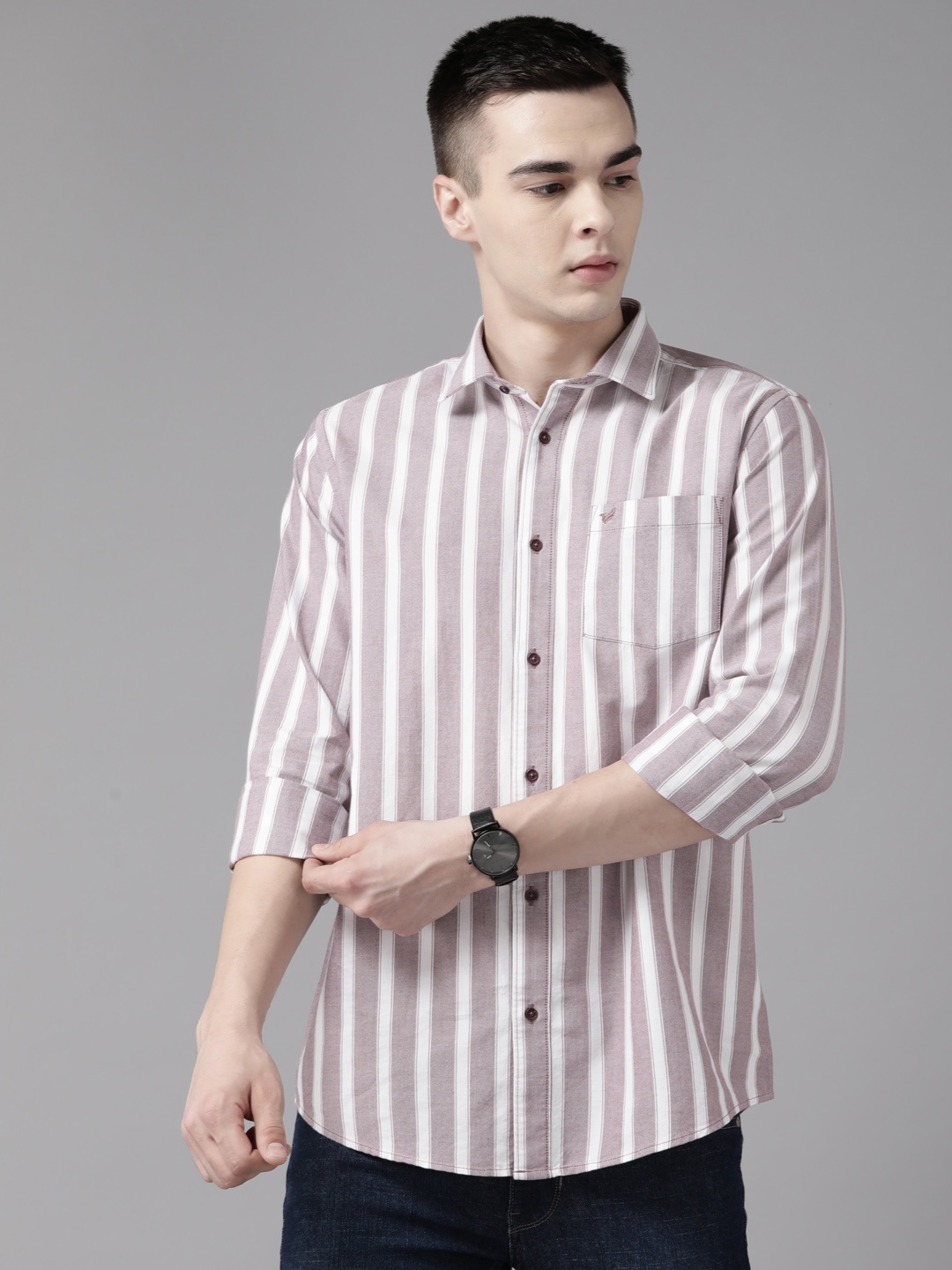 

Blackberrys Cotton India Slim Fit Striped Casual Shirt, Maroon