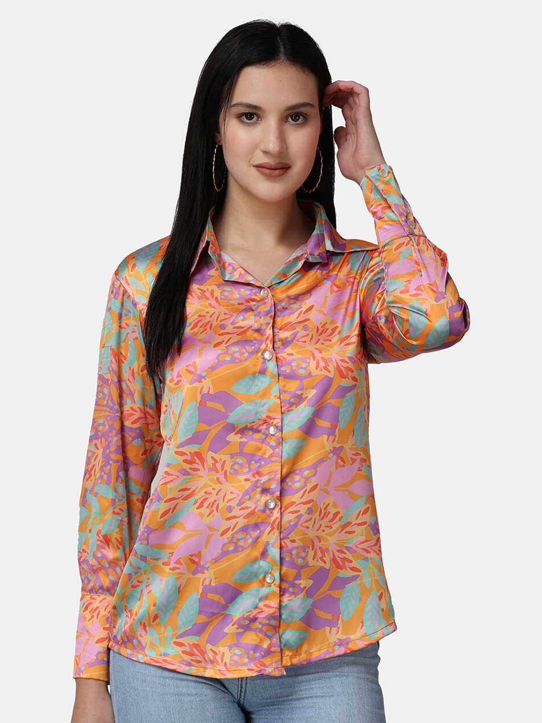 

Popwings Classic Floral Printed Satin Casual Shirt, Orange