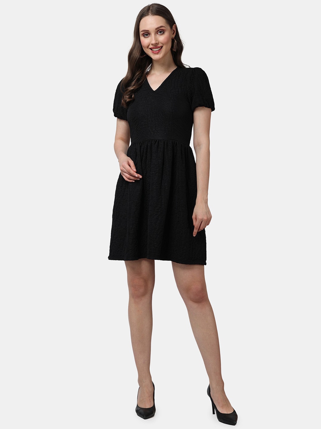 

Popwings Self Design Knee Length Fit & Flare Dress, Black