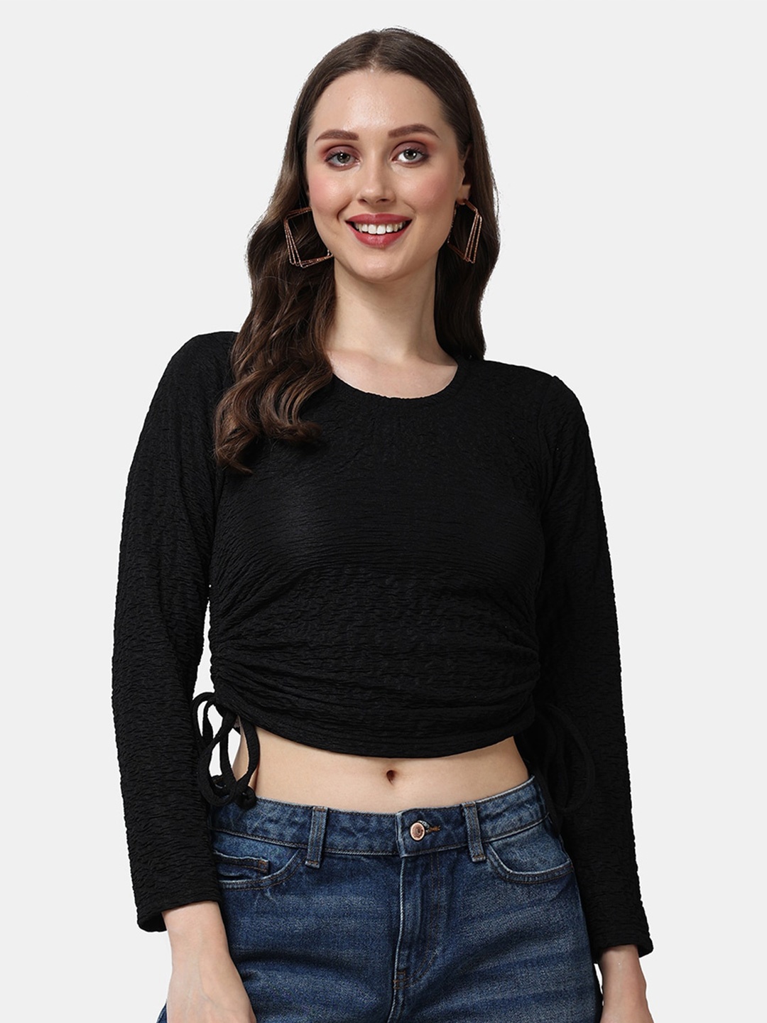 

Popwings Long Sleeves Ruched Crop Top, Black