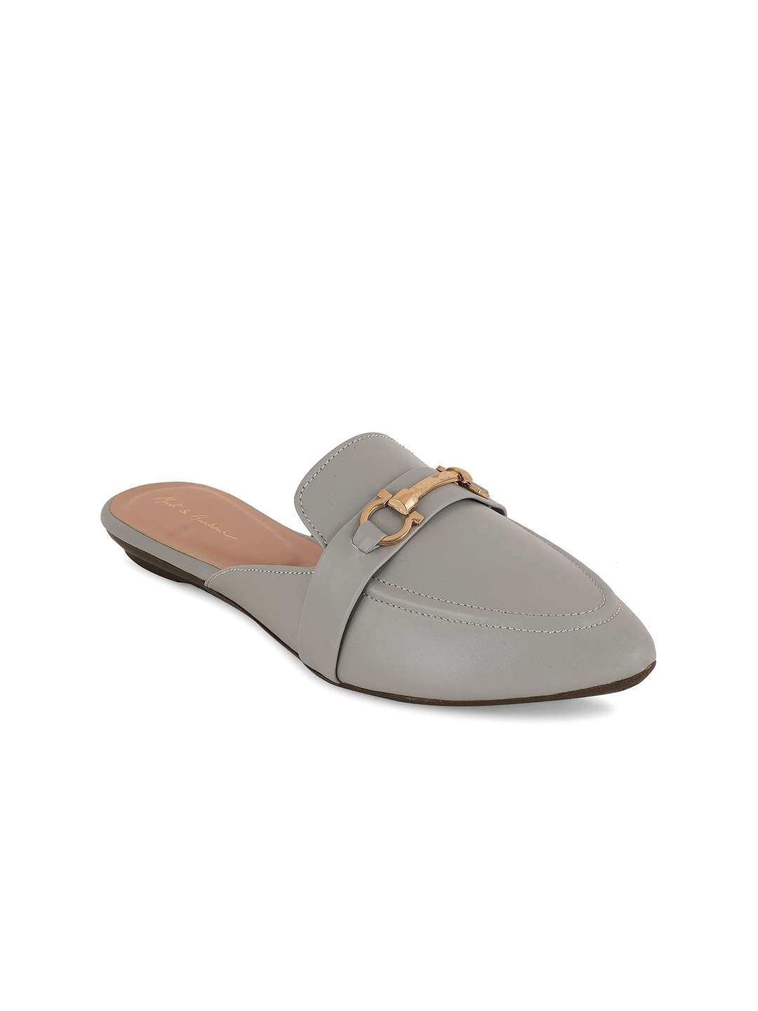 

Mast & Harbour Women Grey & Gold Toned Pointed Toe Embellished Mules