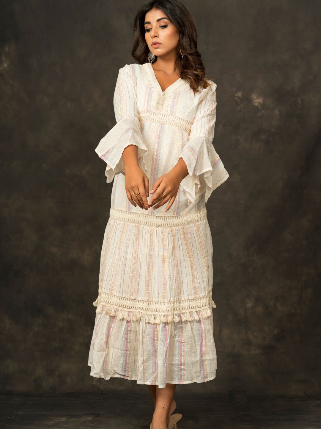 

Zolo Label Striped Bell Sleeves Tiered Cotton A-Line Midi Dress, White