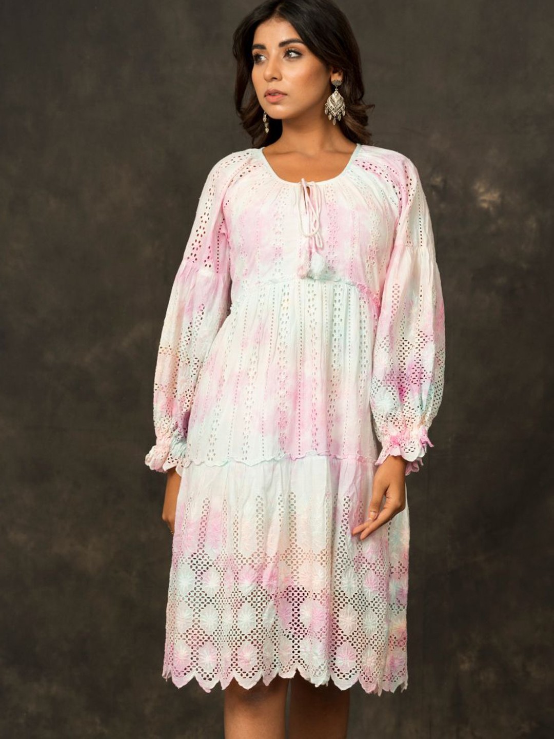 

Zolo Label Self Design Tie-Up Neck Puff Sleeves Cotton A-Line Dress, White