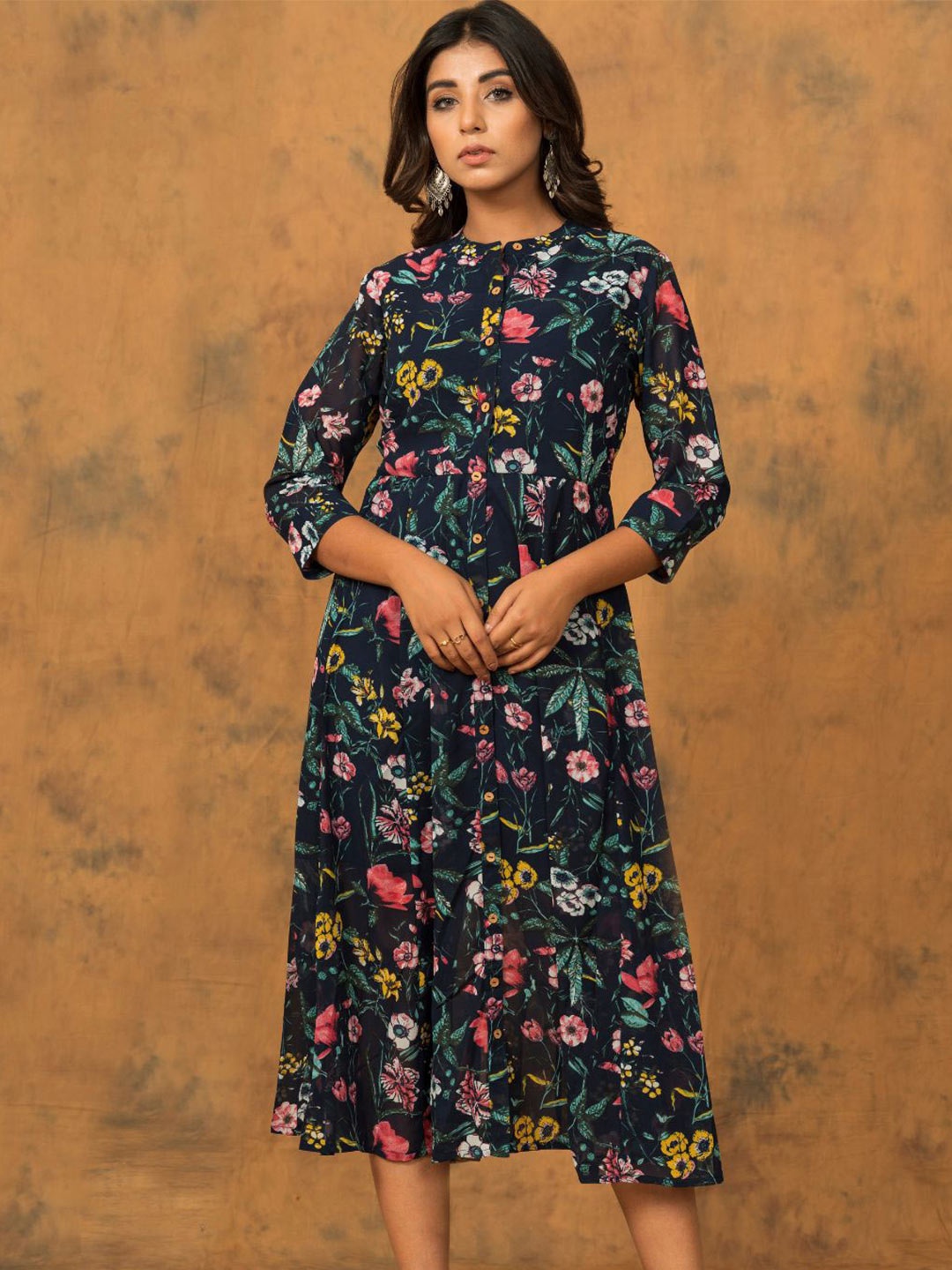 

Zolo Label Floral Printed Georgette A-Line Midi Dress, Navy blue