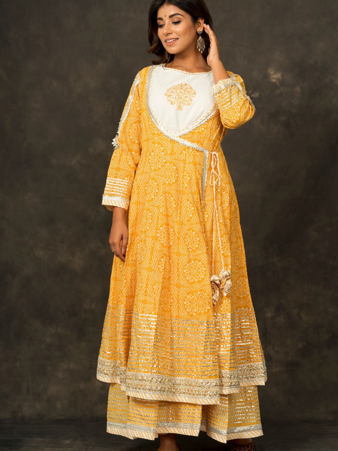 

Zolo Label Ethnic Motifs Printed Gotta Patti Maxi Cotton A-Line Ethnic Dress, Mustard