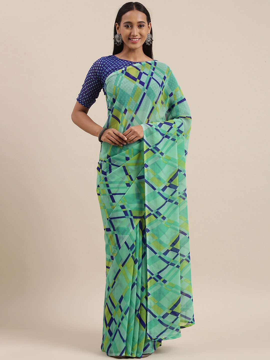 

KALINI Checked Poly Georgette Saree, Sea green