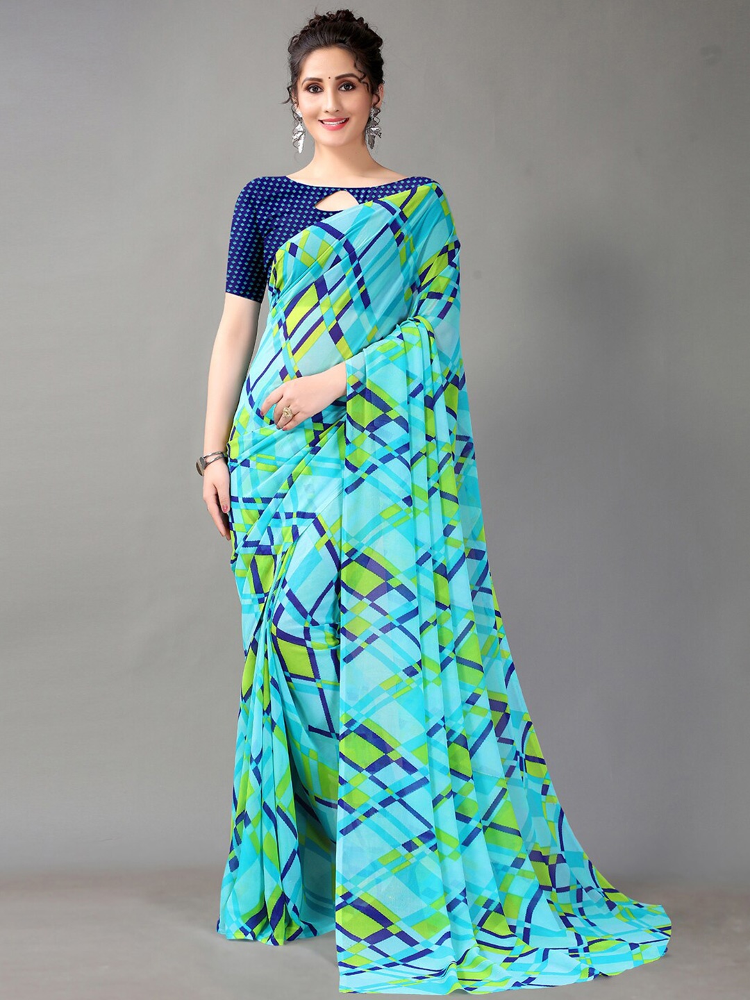 

KALINI Checked Poly Georgette Saree, Blue