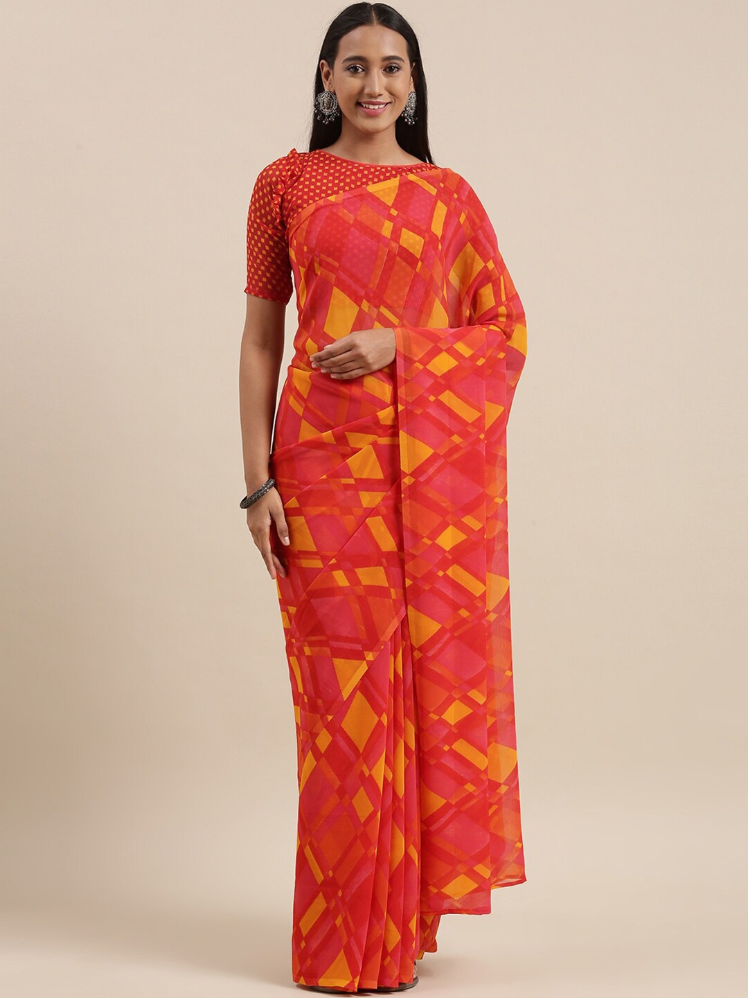 

KALINI Checked Poly Georgette Saree, Pink
