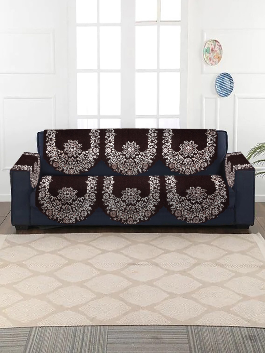 

HOSTA HOMES Brown & White 4 Pieces Jacquard Design Velvet 3-Seater Sofa Covers