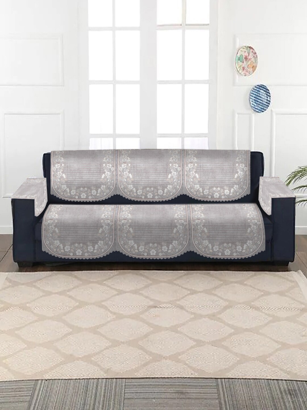 

HOSTA HOMES Grey & Brown Jacquard Design Velvet 3-Seater Sofa Covers