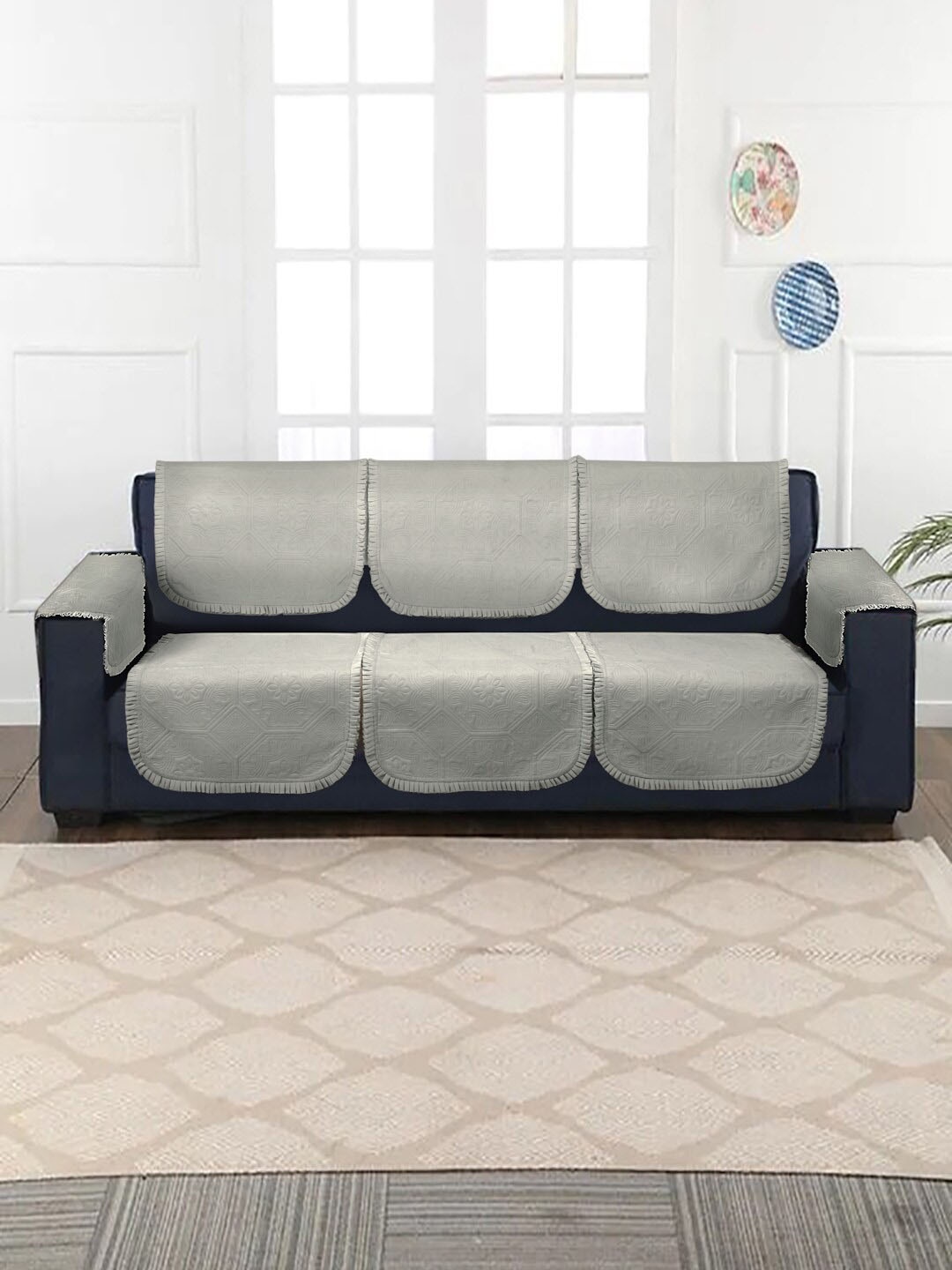 

HOSTA HOMES Grey Self Design Frill 4-Seater Sofa Covers With Arm Rests
