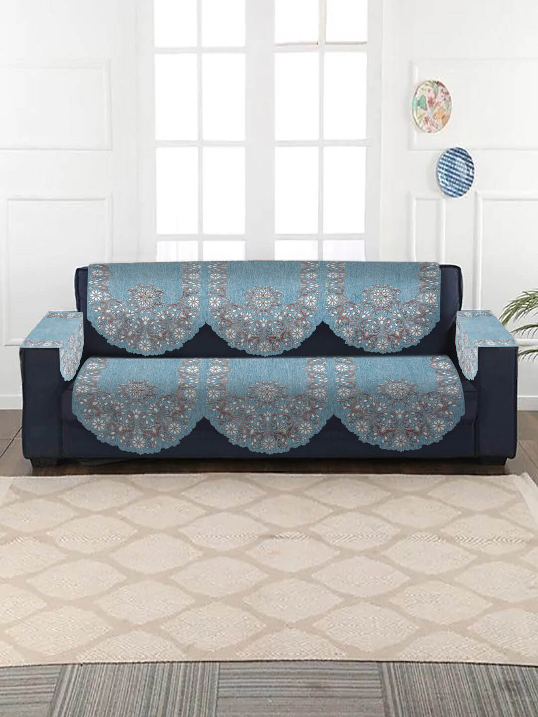 

HOSTA HOMES Turquoise blue & Brown 4-Pcs Jacquard Design Velvet 3-Seater Sofa Covers
