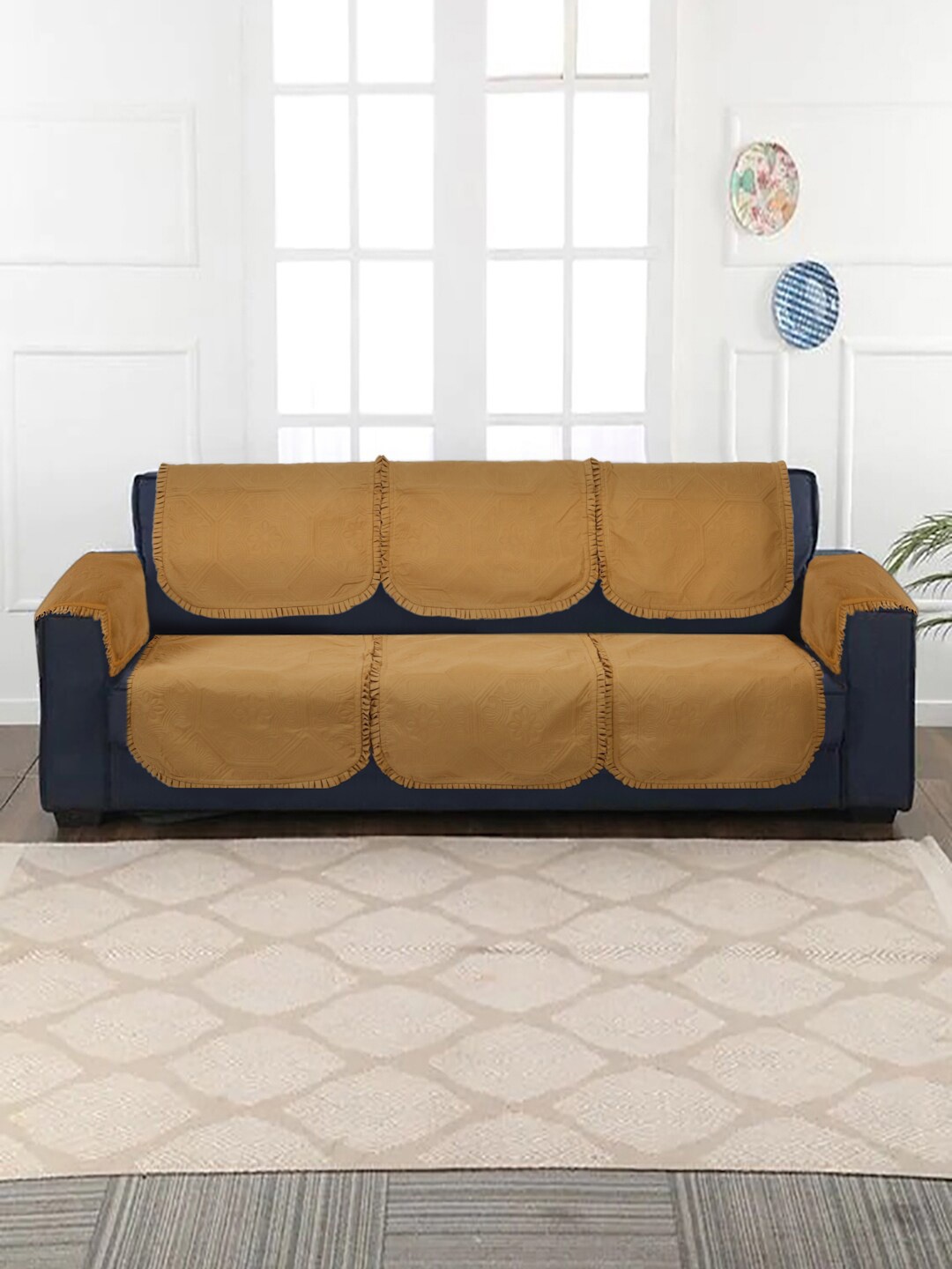 

HOSTA HOMES Beige 4 Pieces Self Design Frill 3-Seater Sofa Covers With Arm Rests