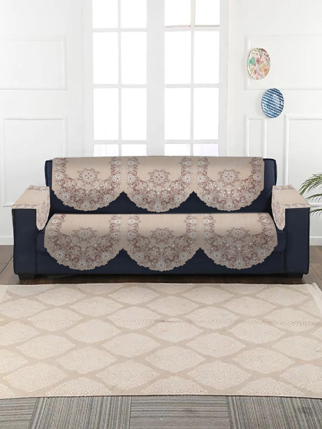 

HOSTA HOMES Beige & Brown Jacquard Design Velvet 3-Seater Sofa Covers With Arm Rests