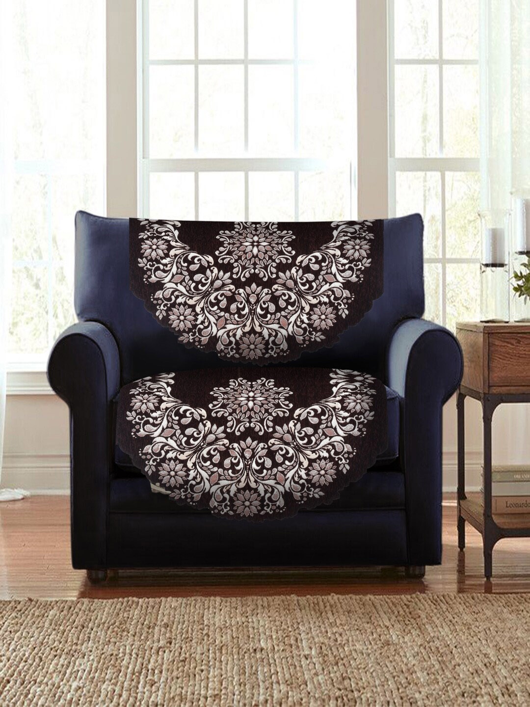 

HOSTA HOMES Brown & White 2 Pieces Jacquard Design Velvet 3-Seater Sofa Covers