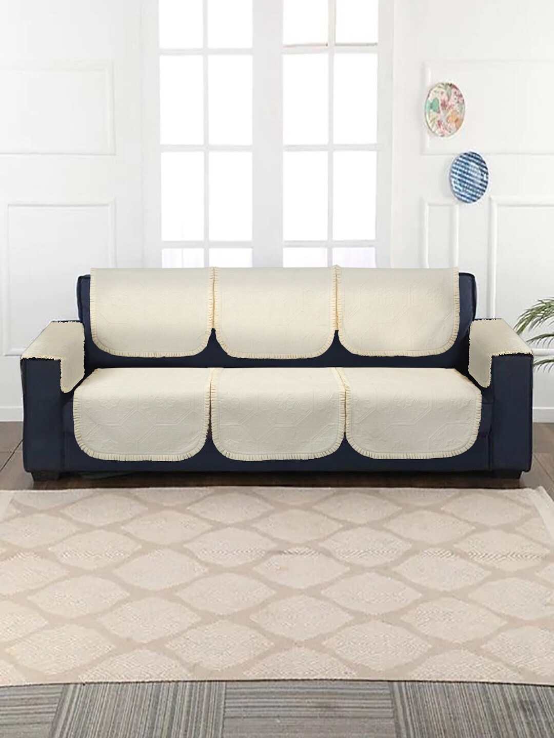 

HOSTA HOMES Cream-Colored 4 Pieces Self Design Frill 4-Seater Sofa Covers With Arm Rests