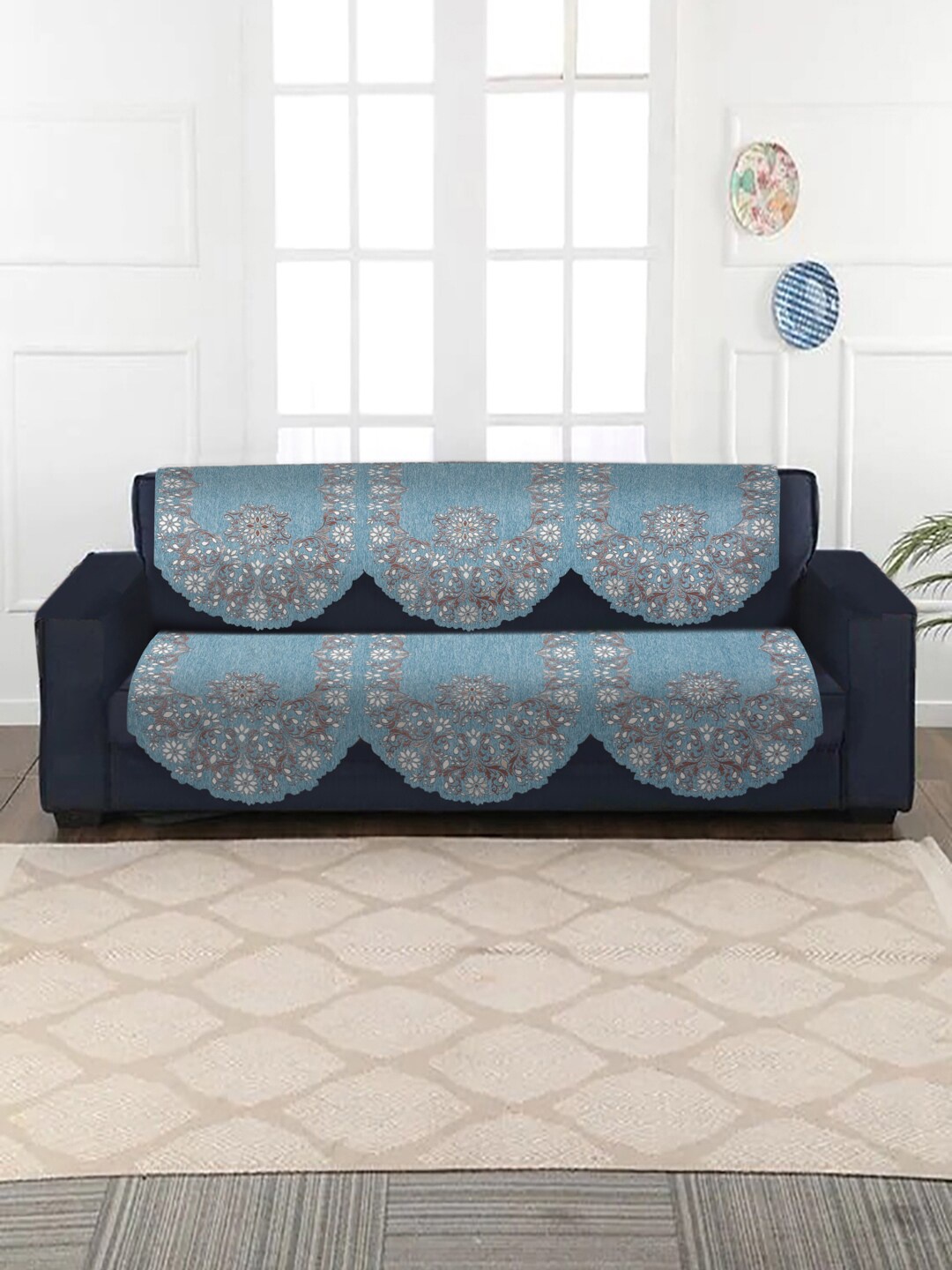 

HOSTA HOMES Turquoise Blue & Brown 2 Pieces Jacquard Design Velvet 3-Seater Sofa Covers