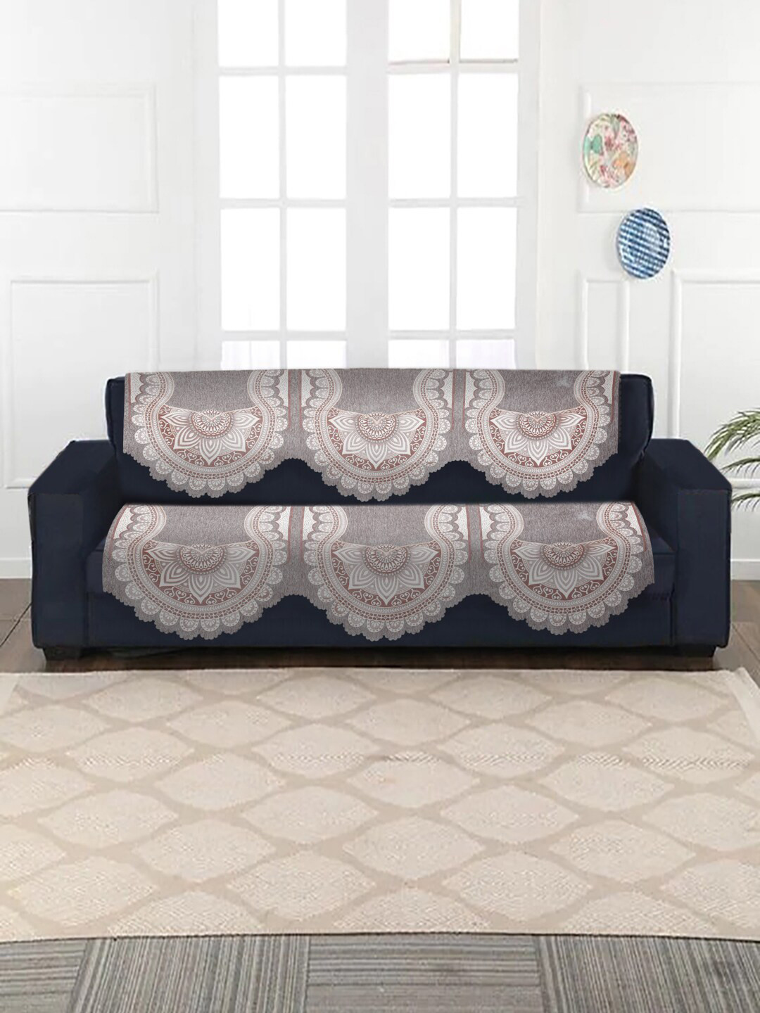 

HOSTA HOMES Grey & Brown 2 Pieces Jacquard Design Velvet 3-Seater Sofa Covers