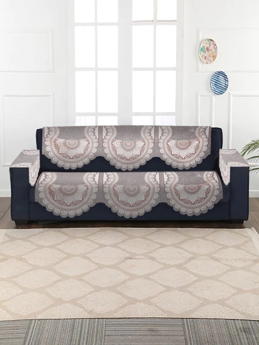

HOSTA HOMES Grey & Brown Jacquard Design Velvet 3-Seater Sofa Covers With Arm Rests