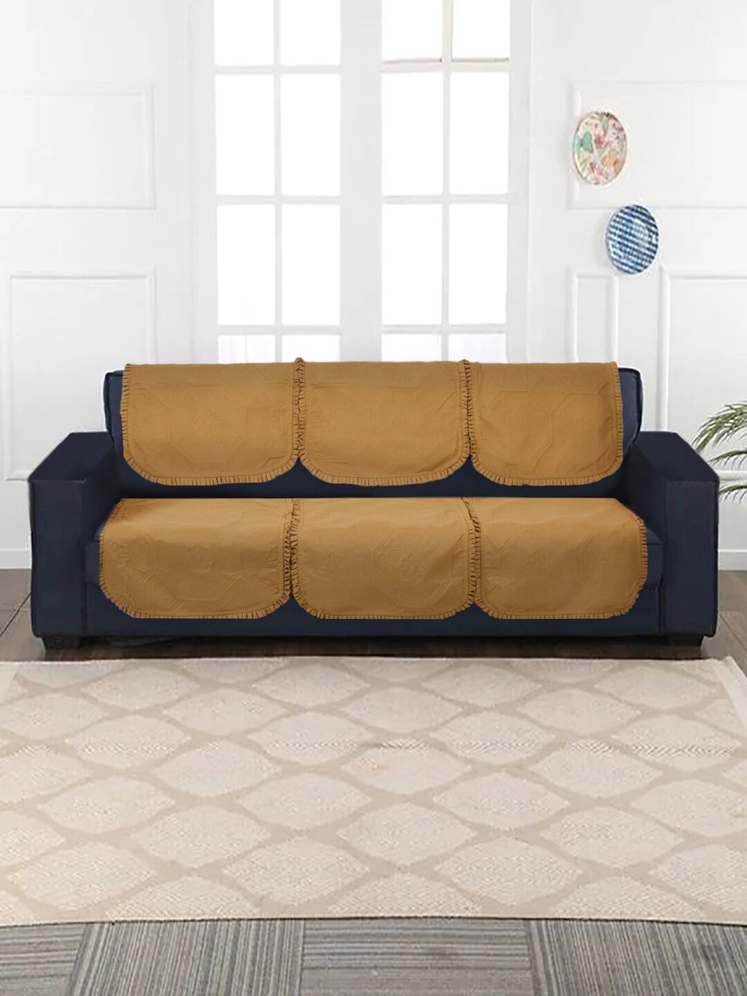 

HOSTA HOMES Beige 2 Pieces Self Design Frill 3-Seater Sofa Covers
