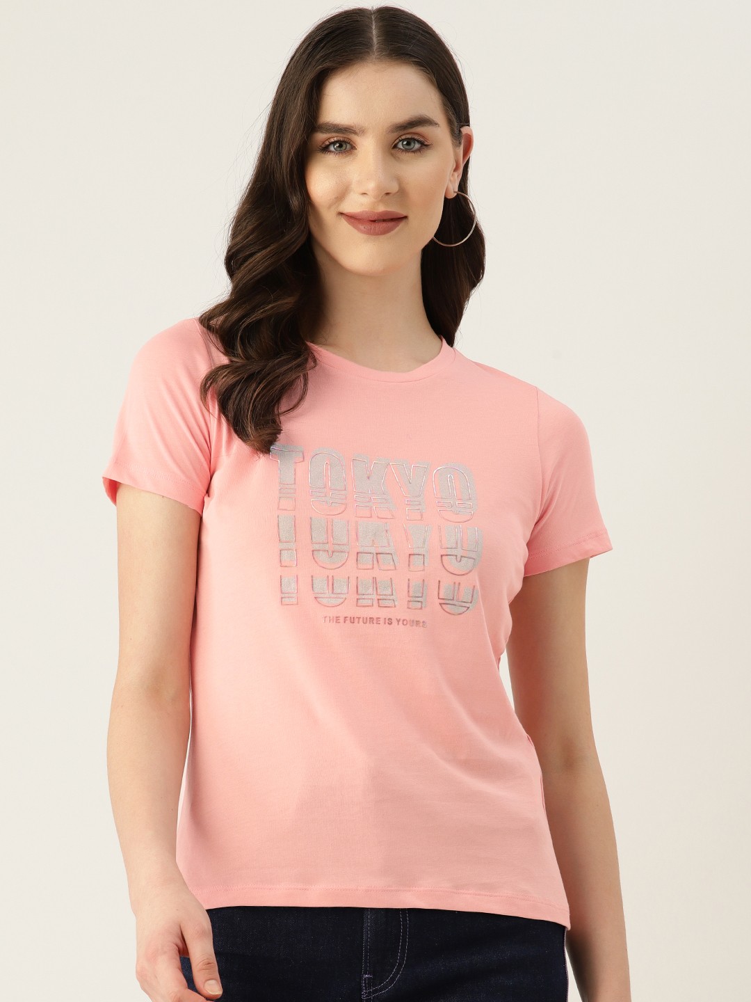 

Madame Typography Printed Pure Cotton T-shirt, Peach