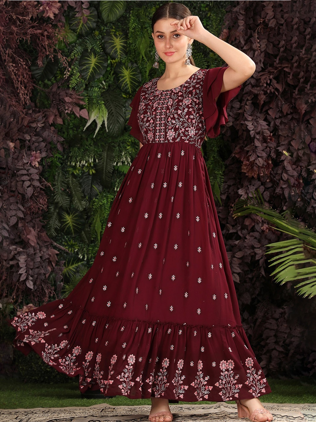 

KALINI Floral Embroidered Flared Sleeves Georgette Fit & Flare Ethnic Dress, Maroon