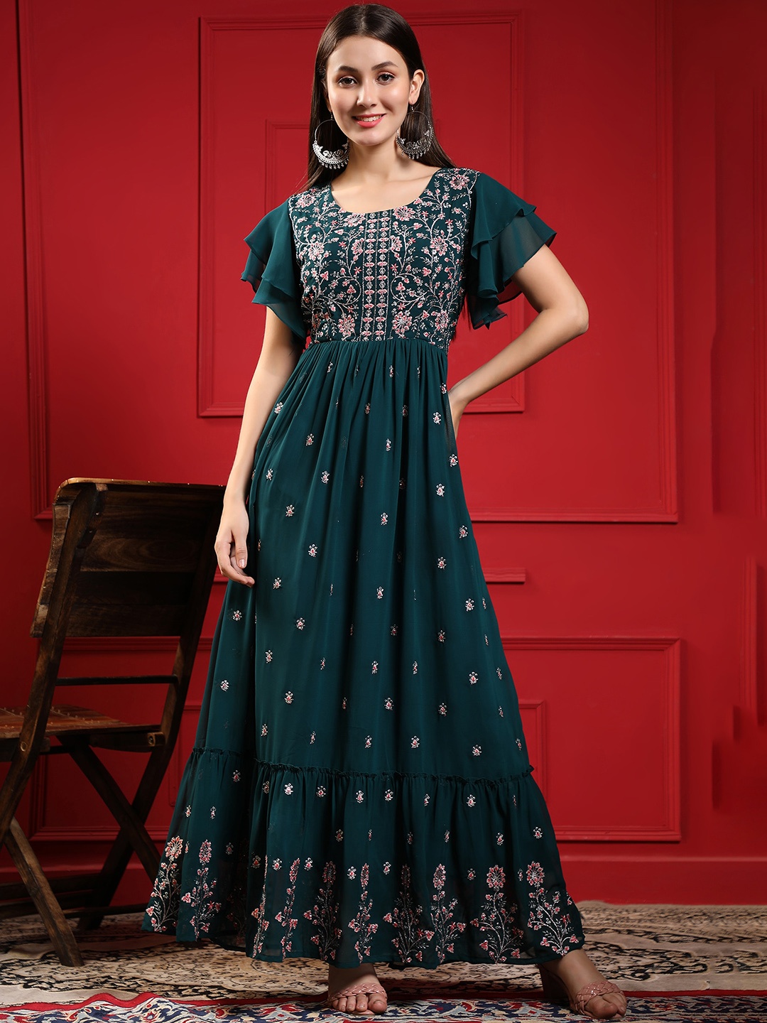 

KALINI Floral Embroidered Flared Sleeve Georgette Fit & Flare Ethnic Dress, Teal