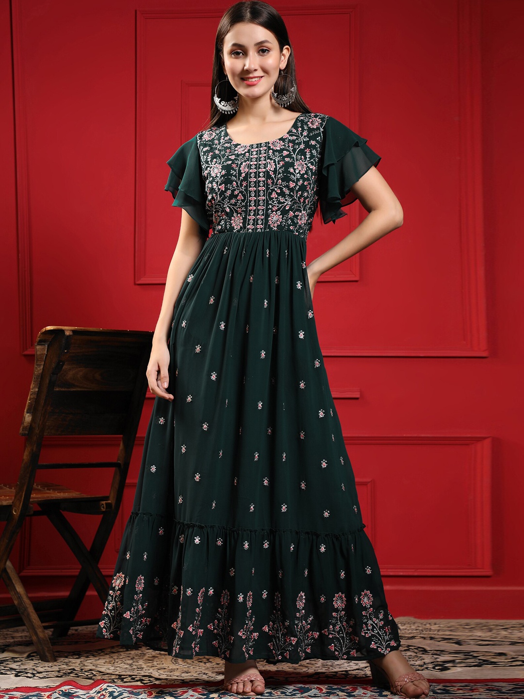 

KALINI Floral Embroidered Flared Sleeve Georgette Fit & Flare Ethnic Dress, Green