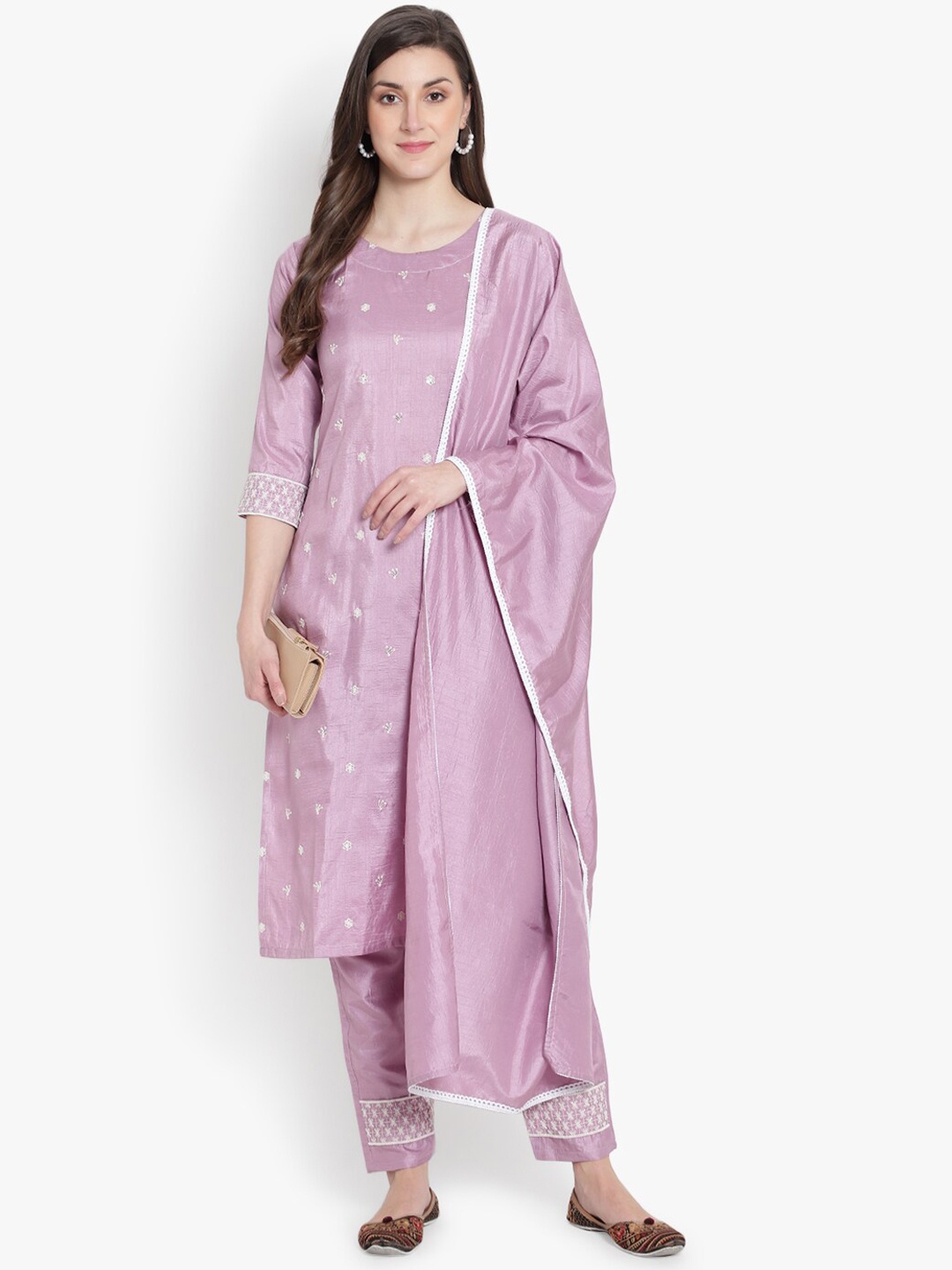 

KALINI Floral Embroidered Regular Thread Work Kurta With Trousers & Dupatta, Purple