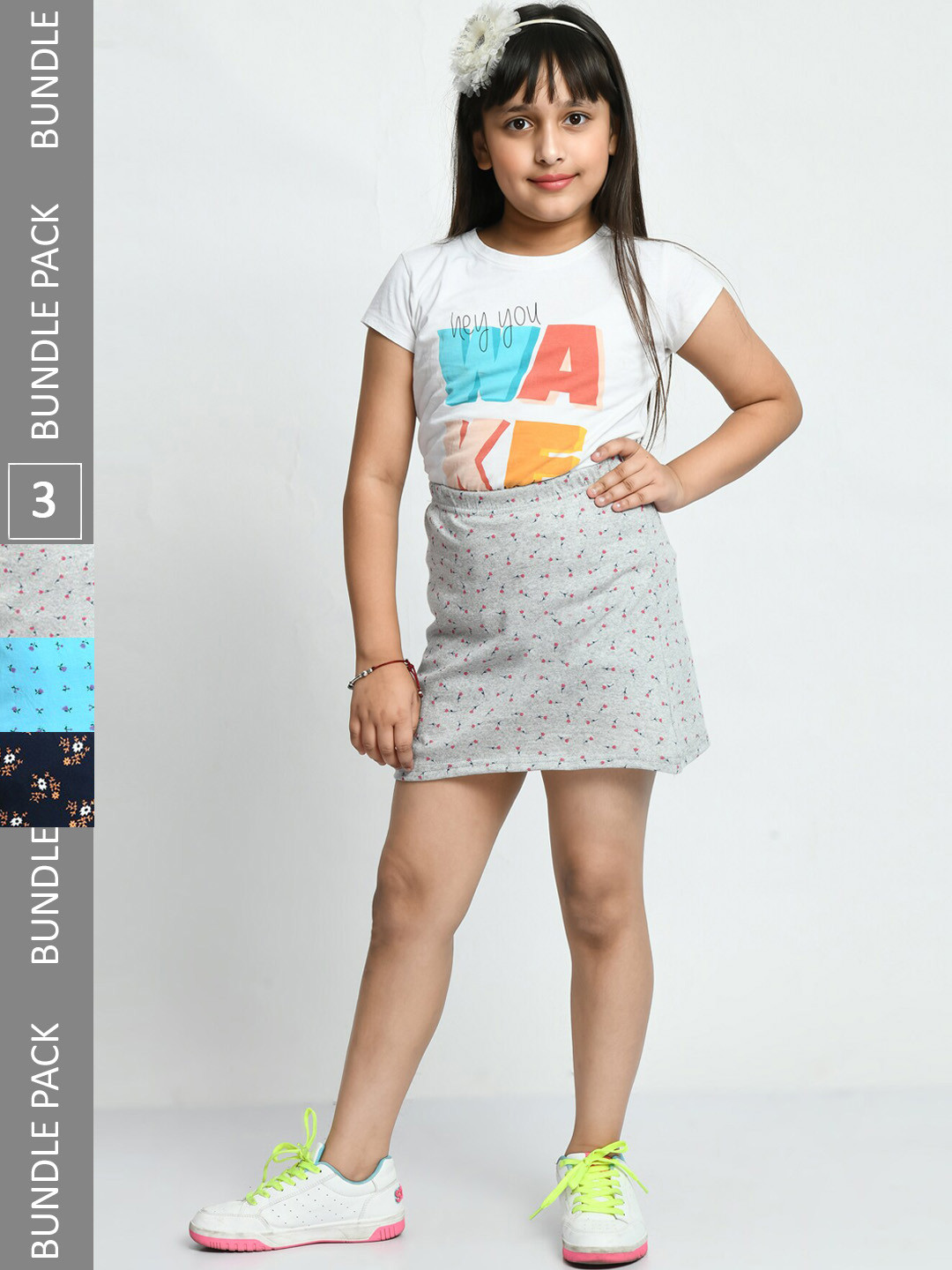 

IndiWeaves Girls Pack Of 3 Floral Printed Pure Cotton Skirts, Blue