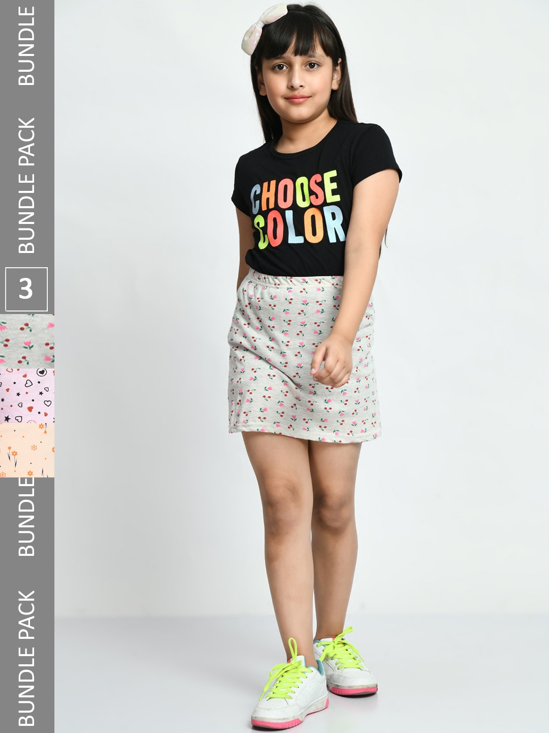 

IndiWeaves Girls Pack Of 3 Floral Printed Pure Cotton Skirts, Green