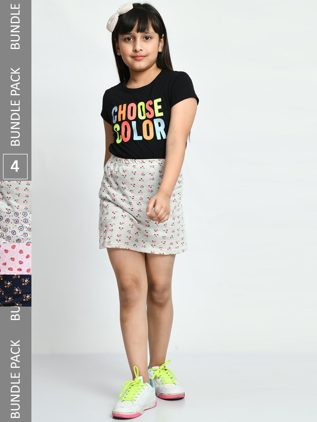 

IndiWeaves Girls Pack Of 4 Floral Printed Pure Cotton Skirts, Navy blue