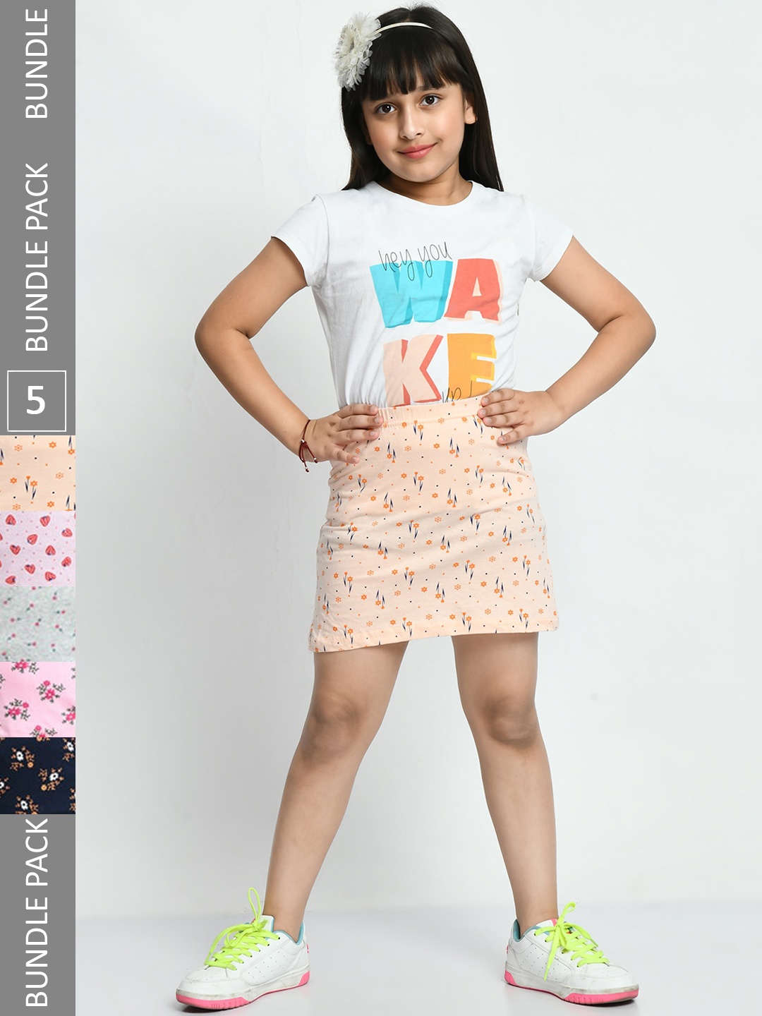 

IndiWeaves Girls Pack Of 5 Printed Pure Cotton Skirts, Grey